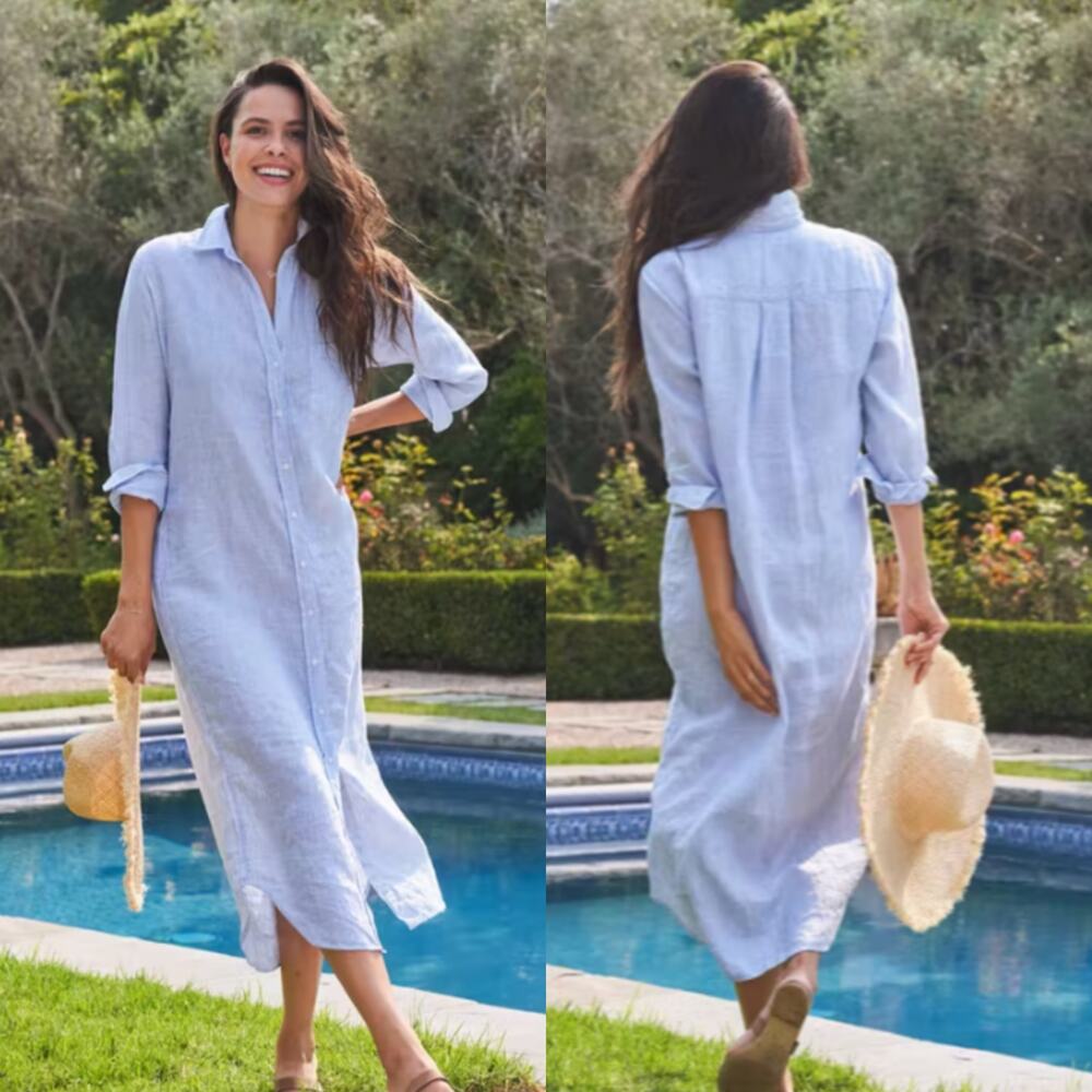 Frank & Eileen Rory Linen Maxi Shirt Dress Blue Stripe Size XS